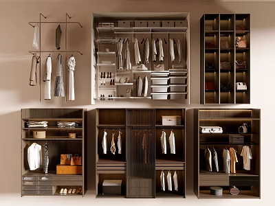 Multiple Modern Wardrobe Designs With Hanging Rods Drawers And Storage Shelves 3d model