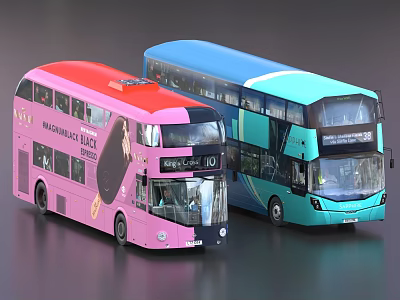 Two Double Decker Buses In Pink And Teal Blue Colors 3d model