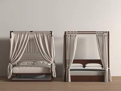 Four Poster Double Bed with Wooden Frame Beige Curtains White Mattress on Wooden Floor 3d model