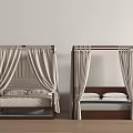 Four Poster Double Bed with Wooden Frame Beige Curtains White Mattress on Wooden Floor
