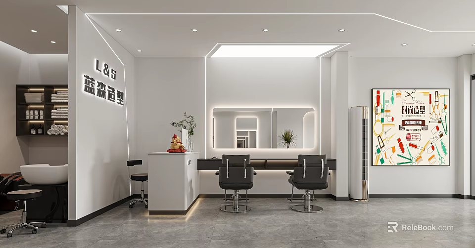 Modern Hair Salon Interior Design With Styling Chairs Mirrors Workstations And Decor 3d model 