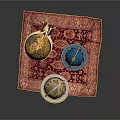 Decorative Vintage and Blue Globes on Ornate Patterned Carpet with Wooden Metal Stands