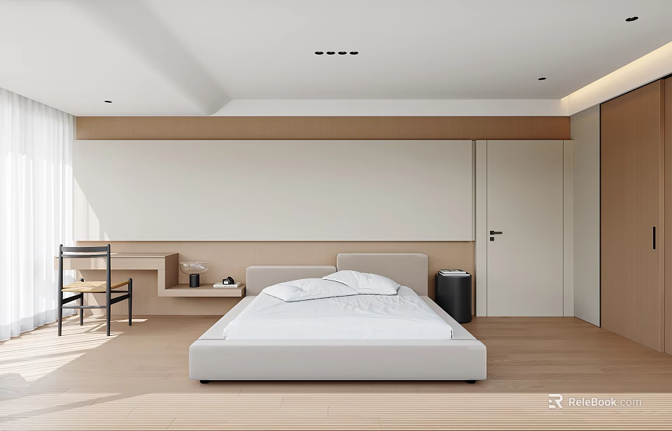 Minimalist Bedroom Interior With White Bed Wooden Floor Desk And Wardrobe 3d model 