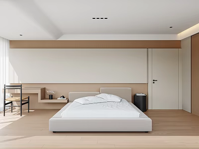 Minimalist Bedroom Interior With White Bed Wooden Floor Desk And Wardrobe 3d model