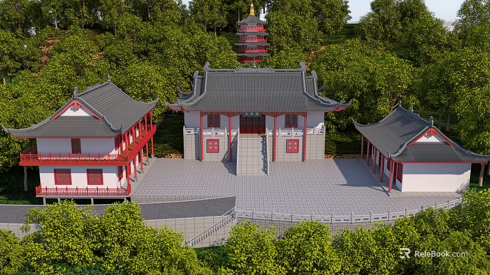 Traditional Chinese Ancient Building With Curved Grey Roofs Red Pillars And Lush Green Trees 3d model 