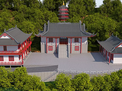 Traditional Chinese Ancient Building With Curved Grey Roofs Red Pillars And Lush Green Trees 3d model