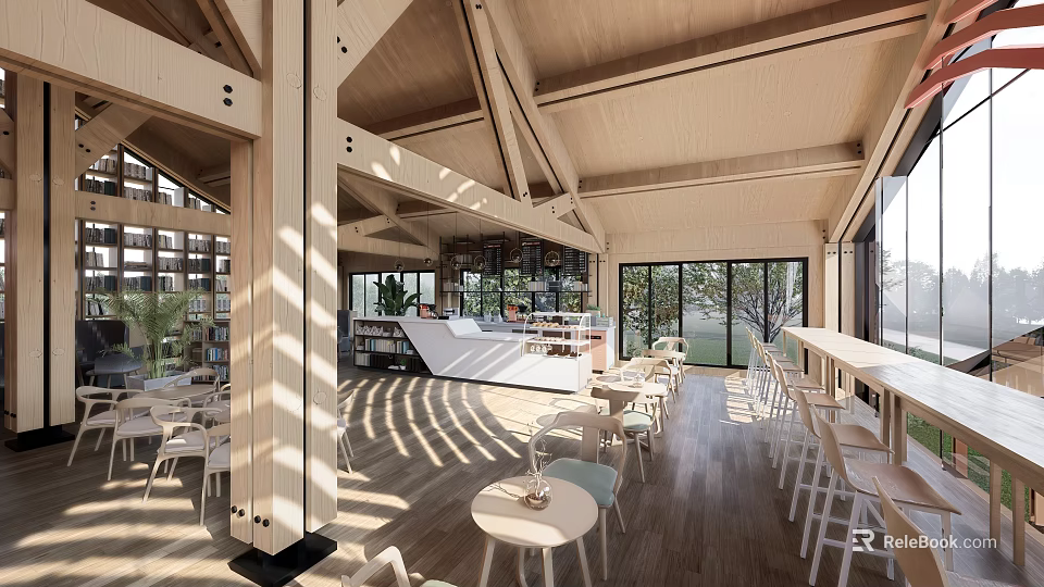 Modern Café Interior With Wooden Beams Open Space And Natural Light 3d model 