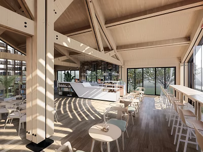 Modern Café Interior With Wooden Beams Open Space And Natural Light 3d model