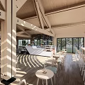 Modern Café Interior With Wooden Beams Open Space And Natural Light
