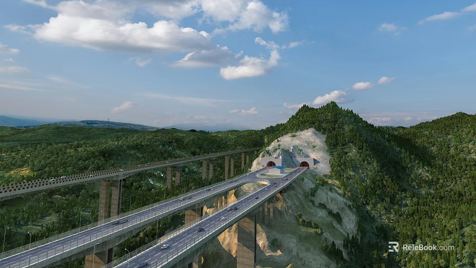 Scenic Mountain Highway Bridge With Tunnel And Forested Surroundings Under Blue Sky 3d model 