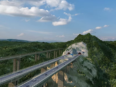 Scenic Mountain Highway Bridge With Tunnel And Forested Surroundings Under Blue Sky 3d model