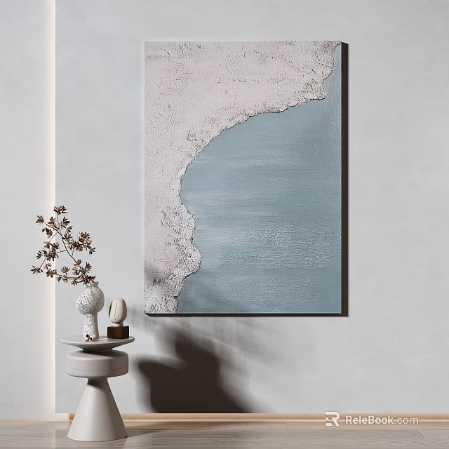 Light Blue And White Abstract Painting On Wall With Small Table Decorations 3d model