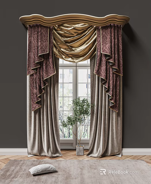 Luxury Purple Gold Curtains with Elegant Drapery for Window Indoor Plant and Natural Light 3d model 