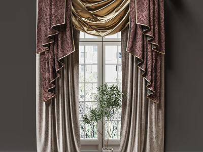 Luxury Purple Gold Curtains with Elegant Drapery for Window Indoor Plant and Natural Light 3d model