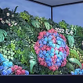 Decorative Living Plant Wall with Blooming Colorful Hydrangea and Green Fern Leaves
