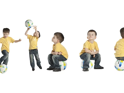 Boy In Yellow Shirt And Jeans Playing With Colorful Ball In Different Actions 3d model