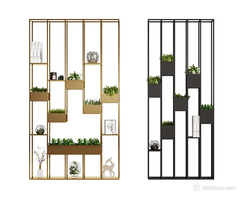 Modern Multi Grid Garden Decor Shelves With Gold Black Frames Small Plants And Ornaments 3d model 