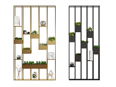 Modern Multi Grid Garden Decor Shelves With Gold Black Frames Small Plants And Ornaments 3d model