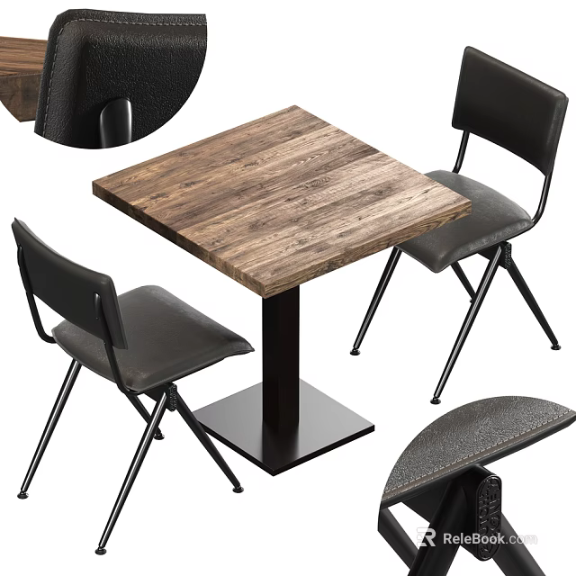 Wooden Square Dining Table Set with Black Leather Chairs and Metal Legs 3d model 