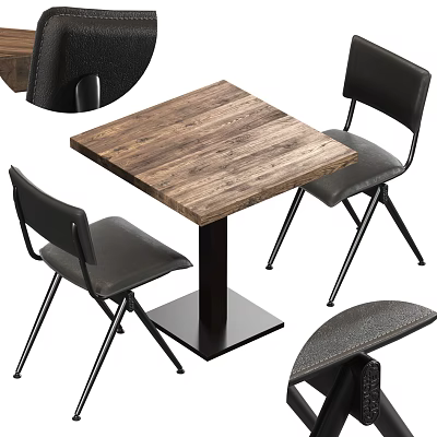 Wooden Square Dining Table Set with Black Leather Chairs and Metal Legs 3d model