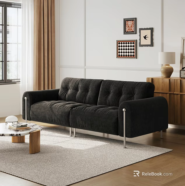 Black Velvet Two Seater Sofa with Silver Metal Legs and Wooden Coffee Table 3d model 