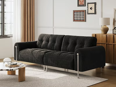 Black Velvet Two Seater Sofa with Silver Metal Legs and Wooden Coffee Table 3d model