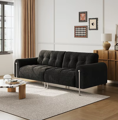 Black Velvet Two Seater Sofa with Silver Metal Legs and Wooden Coffee Table 3d model