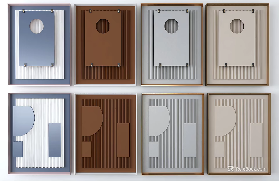 Various Colored Geometric Decorative Panels With Framed Edges And Circular Cutouts 3d model 