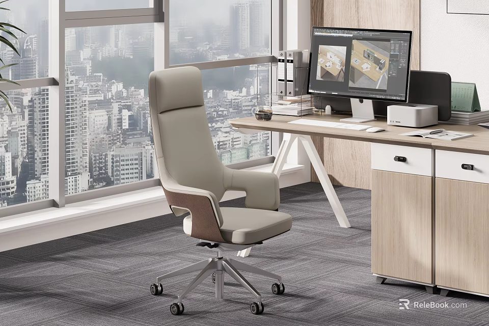 Modern Public Office Space With Ergonomic Chair Wooden Desk Computer Monitor And City View 3d model 