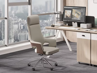 Modern Public Office Space With Ergonomic Chair Wooden Desk Computer Monitor And City View 3d model
