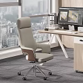Modern Public Office Space With Ergonomic Chair Wooden Desk Computer Monitor And City View
