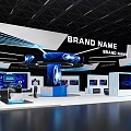 Modern Hi Tech Exhibition Booth With Blue Lighting Digital Screens and Brand Signage
