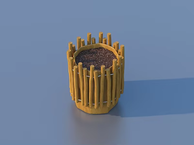 Handwoven Yellow Wooden Storage Basket With Small Dark Grains For Home Use 3d model
