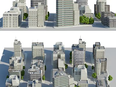 Modern Urban City Buildings With High Rise And Low Rise Structures Surrounded By Green Trees 3d model