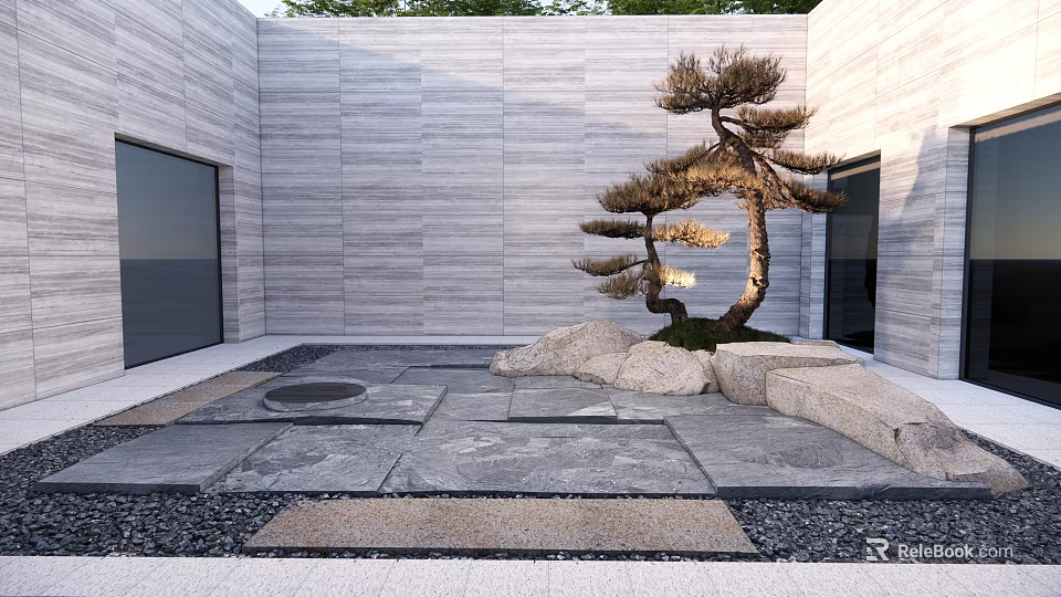 Modern Courtyard Garden With Styled Pine Tree Stone Paving And Rock Elements 3d model