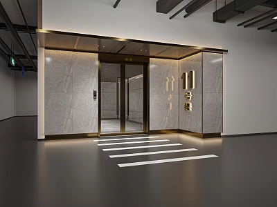 Modern Building Exterior Wall With Marble Panel Gold Frame Glass Door And Illuminated Floor Stripes 3d model