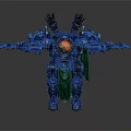 Mechanical Character Fantasy Creature With Blue Armor Red Glowing Core Horns And Green Cape