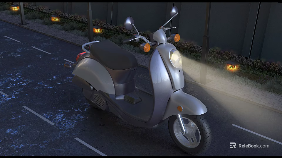 Silver Scooter Motorcycle With Headlight On Parked On Night Street Sidewalk 3d model 