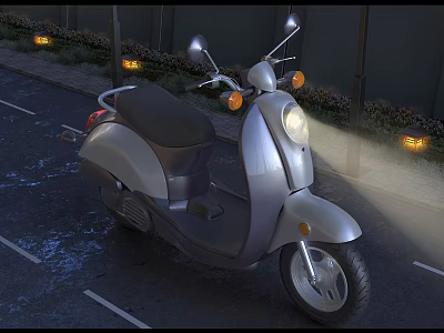 Silver Scooter Motorcycle With Headlight On Parked On Night Street Sidewalk 3d model