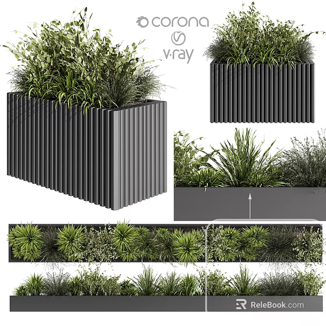 Black Ribbed Garden Planter With Lush Green Plants And Modern Design 3d model 