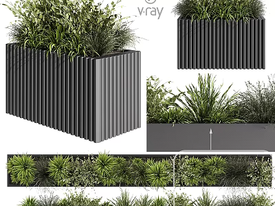 Black Ribbed Garden Planter With Lush Green Plants And Modern Design 3d model