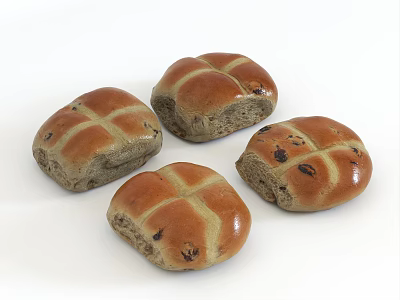 Freshly Baked Hot Cross Buns With Cross Patterns And Plump Raisins On White Background 3d model