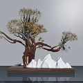 Bonsai Tree with Golden Leaves and Brown Trunk on Wooden Base with White Rocks