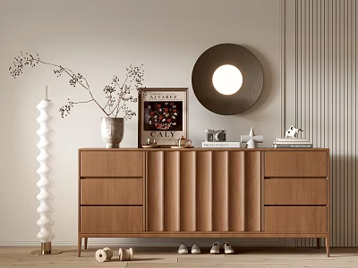 Modern Wooden Entryway Cabinet Sideboard With Vertical Slat Design Decorative Vase Magazine And Round Mirror 3d model