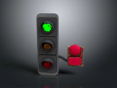 Traffic Light Equipment With Green Yellow Red Lights And Red Button Device 3d model