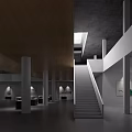 Modern Cultural Center Interior Design With Skylight Staircase White Columns And Open Space