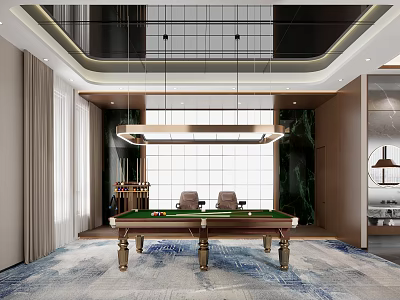 Modern Luxury Billiard Room With Green Pool Table Marble Wall And Chandelier 3d model