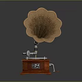 Vintage Phonograph Audio Equipment With Wooden Base Horn Shaped Speaker Black Turntable And Decorative Patterns