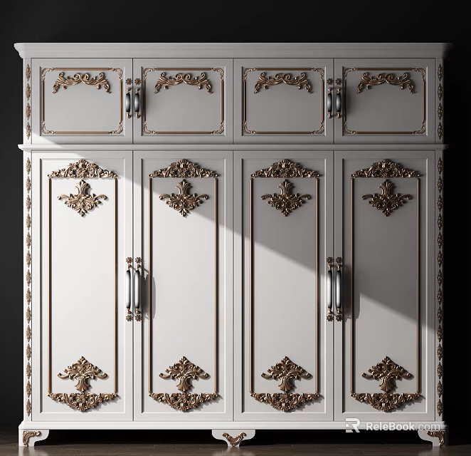 Elegant White Wardrobe Design With Intricate Gold Carvings And Decorative Panels 3d model 