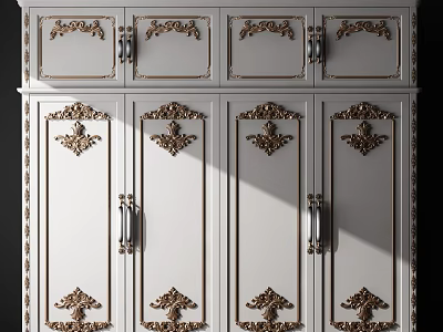 Elegant White Wardrobe Design With Intricate Gold Carvings And Decorative Panels 3d model